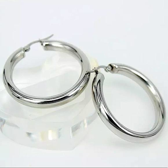 Silver 30mm Stainless Steel Tube Hoop Earrings - Picture 3 of 5